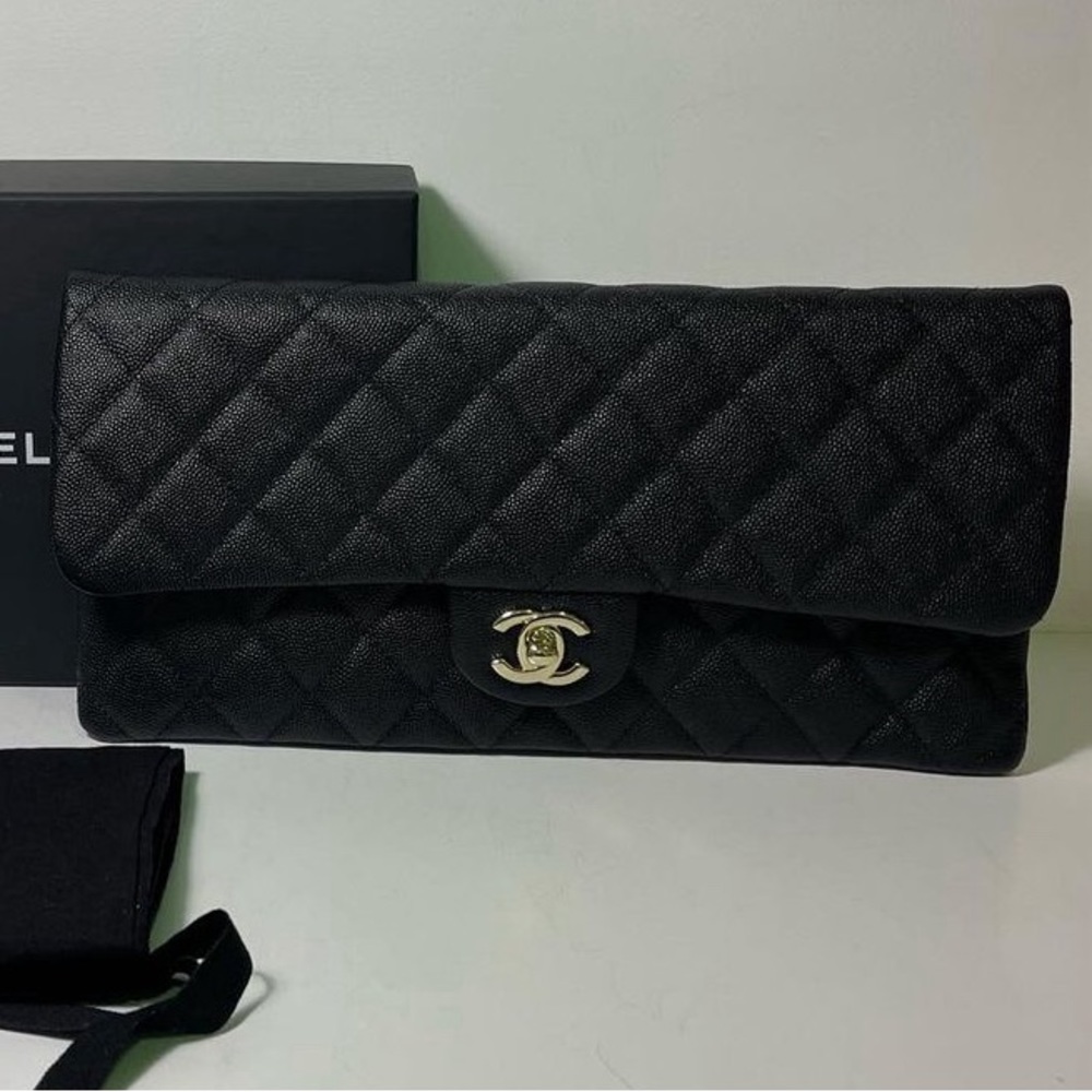 Chanel Classic Flap Clutch Black Caviar Light Gold Hardware